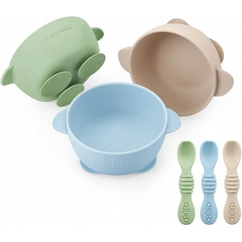 PandaEar 3 Pack Silicone Suction Baby Bowls & 3 Baby Feeding Spoons | Non-Slip Stay Put Bowls & Soft Silicone First Stage Spoons for Toddlers, BPA-Free Baby Led Weaning Set, Blue Green Brown