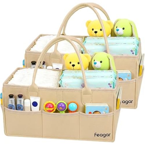 Feagar Baby Diaper Caddy Organizer, 15 Inch Large 2 Pack Set with 8 Pockets & 2 Dividers, Portable Nursery Storage Basket & Car Organizer for Changing Table, Travel (Khaki)