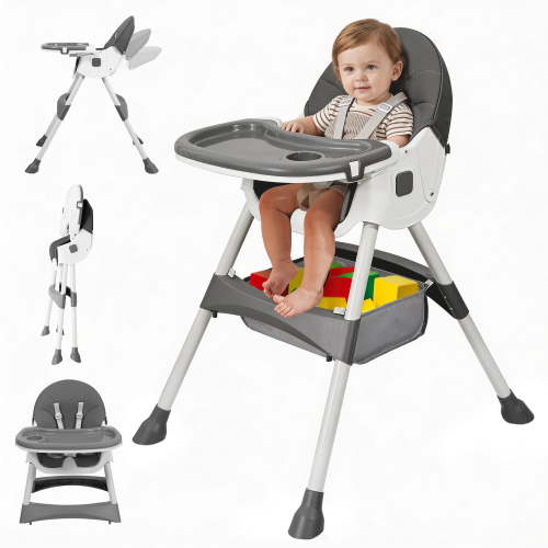 APRPINK 6-in-1 Baby High Chair, Convertible Feeding Booster Seat, PU Cushion, Gray Striped