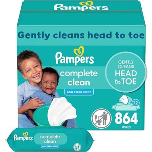 Pampers Toallitas para bebé, limpieza completa con aroma fresco para bebé, limpia suavemente de la cabeza a los pies, 864 en total (12 paquetes con tapa abatible)
