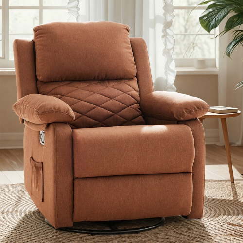 Gelloan 360° Swivel Recliner Chair, Small Rocker Chair for Small Spaces, Upholstered Fabric Glider Recliner Nursery Chair with Side Pockets,Brown