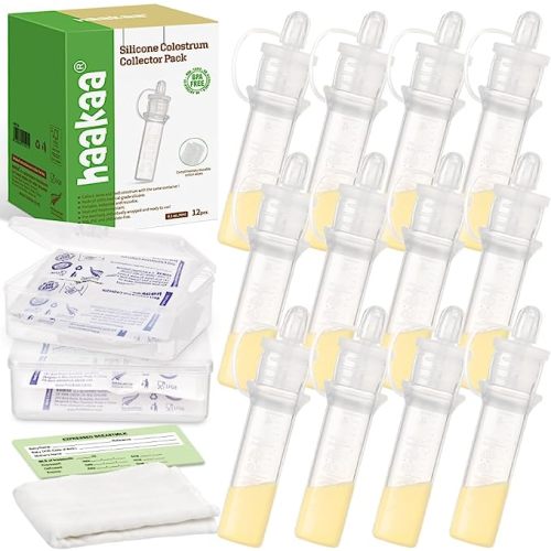 haakaa Silicone Colostrum Collector Set Reusable Silicone Colostrum Collector for Breastfeeding to Collect, Feed & Store, with 2 Clear Storage Cases & 2 White Cotton Wipe (0.1oz/4ml, 12 PK)