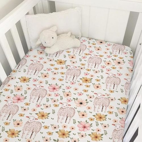 Baby Pig Boho Retro Floral Baby Crib Sheet 52''x28'' Farm Pigs Animal Flowers Stretchy Fitted Crib Mattress Sheet Covers for Boy Girl Nursery Bed Sheet for Standard Crib and Toddler Mattress