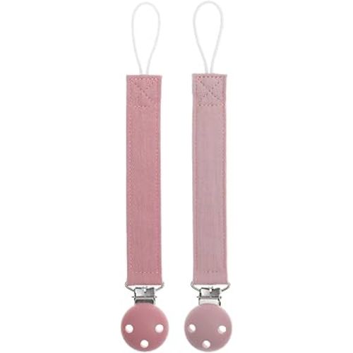 Dirbabi Pacifier Clip Holder for Baby Boy and Girl, Sofft Pure Cotton Fabric Paci Binky Clips Fits for Most Pacifier Teethers & Small Toys in Place (Power Rose+Dusty Lilac)