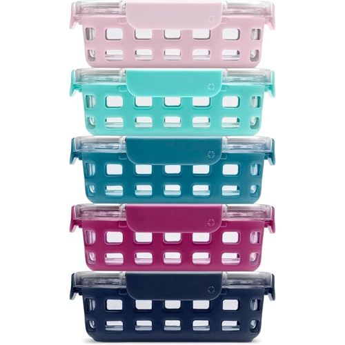 Ello Duraglass 3.4 Cup Meal Prep Sets 10Pc, 5 Pack Set- Glass Food Storage Container with Silicone Sleeve and Airtight BPA-Free Plastic Lids, Dishwasher, Microwave, and Freezer Safe, Evening Orchard