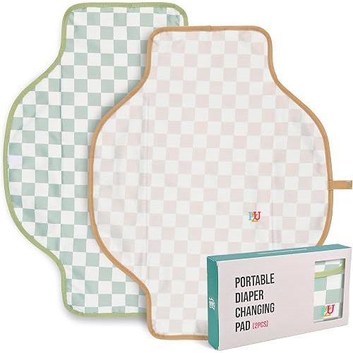 PZU 2 Pack Portable Diaper Changing Pad - Waterproof Travel Changing Mat with Built-in Pillow, Gifts for Baby Shower, Newborn Girls & Boys (Sage, Beige Checkers)