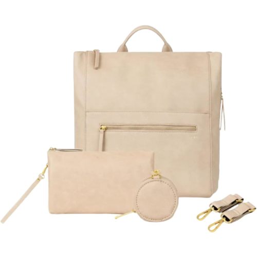 FAWN DESIGN Diaper Bag Bundle, Square Faux Leather Diaper Bag Backpack with Changing Diaper Clutch, Pacifier Holder Case and Stroller Hooks, Vegan Leather Baby Bag for Mom, 15 x 12 x 8 inches, Beige