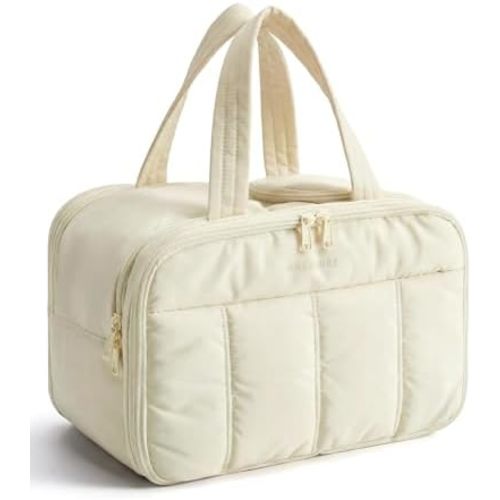 BAGSMART Travel Toiletry Bag, Puffy Large Toiletry Bag for Women, Lightweight Cosmetic Makeup Bag Organizer with Handle for Traveling, Accessories, Essentials, Toiletries （Beige