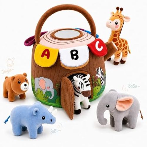 Baby Toys 6-12 Months, Sensory Tree Stump Set, 5 Plush Animals