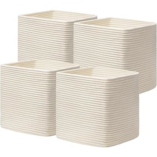 joybest 13x13x13inch Cube Storage Bins Set of 4, Cotton Rope Woven Organizer Basket for Shelves, Cube Bin Square Shelves Organizer Closet Storage, Nursery, Toy Organization, Beige