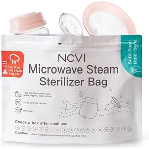 NCVI Microwave Steam Sterilizer Bag for Baby Bottles 8 Count(160 Uses), Large Reusable Travel Sterilization Pouches, Disinfection Container for Baby Teether, Pacifiers and Breast Pump Accessories