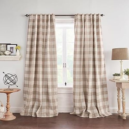 Elrene Home Fashions Farmhouse Living Grainger Buffalo-Check Blackout Window Curtain, Living Room and Bedroom Drape with Rod Pocket Tabs, 52" x 84", Linen, 1 Panel