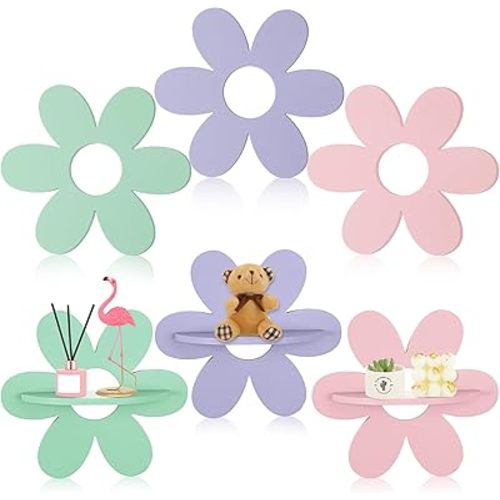 Tatuo 6 Pcs Daisy Flower Shaped Wall Floating Shelves, Small Cute Wooden Flower Shelf Wall Decor for Girls Bedroom, Nursery, Dorm and Living Room, Colorful Funky Kawaii Aesthetic Room Decor