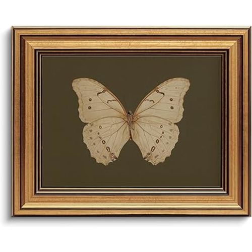 Gold Framed Wall Art Vintage Butterfly Canvas Wall Art White Butterfly Moody Insect Artwork Prints Picture for Living Room Bedroom Farmhouse Bathroom Office Decor, 8x10