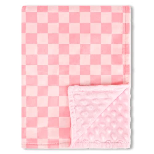 Baby Blankets for Girls, Toddler Newborn Blanket Double Layer with Dotted Backing Crib Receiving Blanket for Toddler Nursery Bed Blanket, Pink Checkered, 30x40 Inches