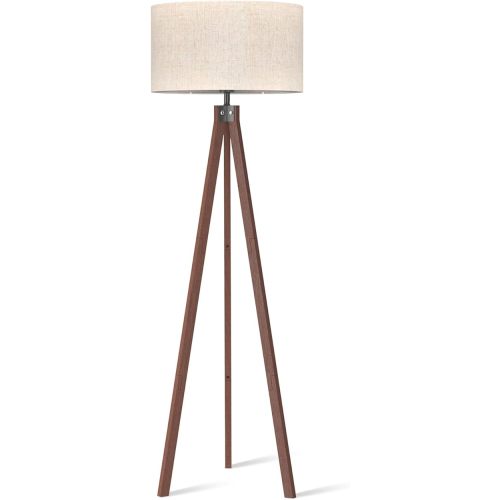LEPOWER Wood Tripod Floor Lamp, Mid Century Standing Lamp, Modern Design Studying Light for Living Room, Bedroom, Study Room and Office, Flaxen Lamp Shade with E26 Base Dark Brown