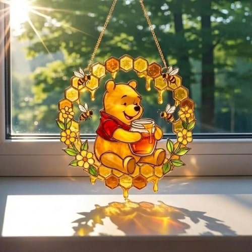 Winnie the Pooh Honey Suncatcher, Pooh Bear Window Hanging, Honeycomb Bee Decor, Cute Storybook Gift