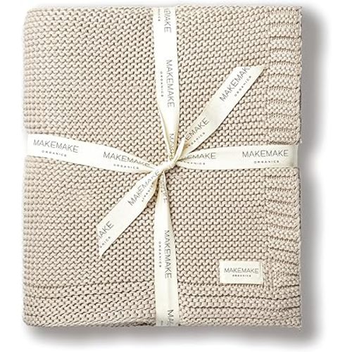 MakeMake Organics Organic Cotton Throw Blanket GOTS Certified Organic Knit Blanket Couch Bed Neutral Fall Colors Soft Cotton Throw Blanket Large (50x60, Beige)