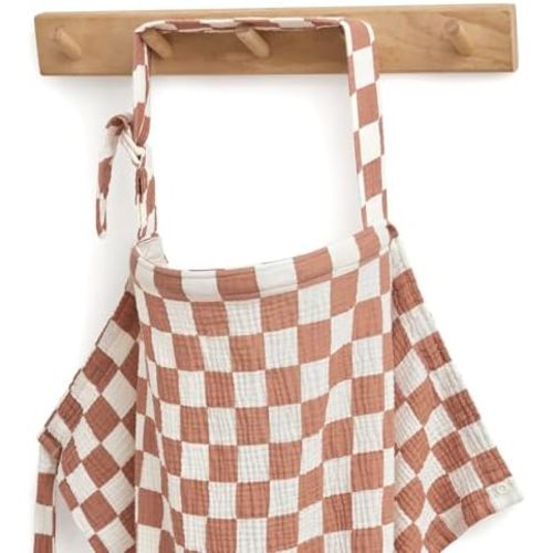 Blissful Diary Muslin Nursing Cover for Breastfeeding, Breathable Breastfeeding Cover up with Arch Neckline for Women, Nursing Apron (Brown Checkboard)