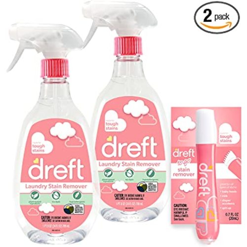 Stain Remover for Baby Clothes by Dreft, 24oz Pack of 2 Laundry Stain Remover Spray + To Go Instant Stain Remover Pen, Hypoallergenic, Great for Cloth Diapers
