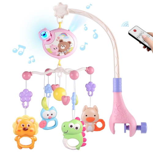 Crib Mobile with Music and Lights,Baby Mobiles for Cribs,Nursery Musical Mobile for Bassinets Toys Hanging Girls Boys,Pack and Play Space Portable Animal Mobile Hanger Arm Clip On Attachment