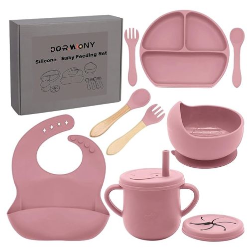100% Silicone Baby Feeding Set,BPA Free Baby Dishes Set with Suction Bowl Divided Plate,Toddler Self Feeding Dish Set with Spoons Forks Sippy Cup and Bib, Baby Eating Utensils (Coral)