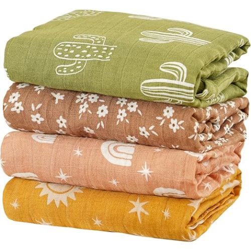 4 Set Muslin Swaddle Blankets Receiving Blanket for Newborn Baby | Boys, Girls Cute Soft Print Baby Towel Wrap 120x110cm Baby(Cactus)