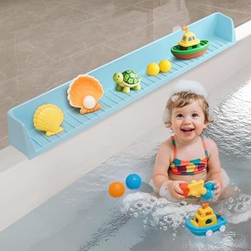 2.6-Ft Bathtub Splash Guard for Tub Kids, Silicone Splash Shield with 11 Suction Cups, Toy Tray Shelf, No Spill Water Barrier, Prevents Mess, Fun Bathtime for Toddlers Baby–Blue
