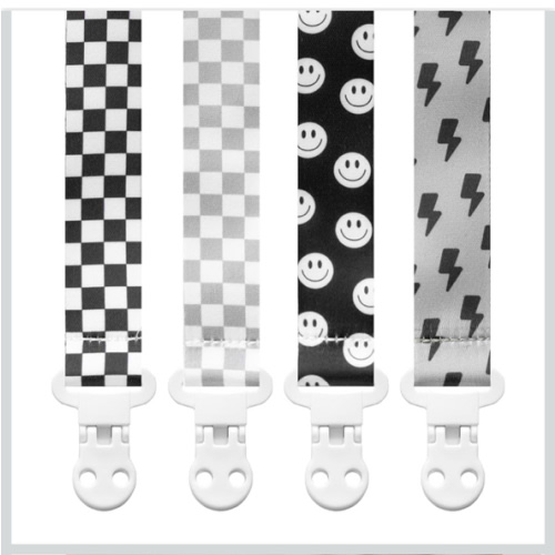 Baby Pacifier Clip Holder - Girl or Boy Unisex 4 Pack Gift Set - Retro Checker and Smiley Faces Design