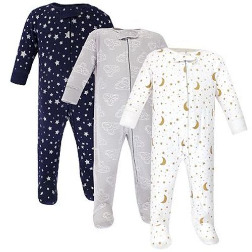 Hudson Baby Baby Cotton Zipper Sleep and Play 3pk, Navy Stars Moons, Preemie