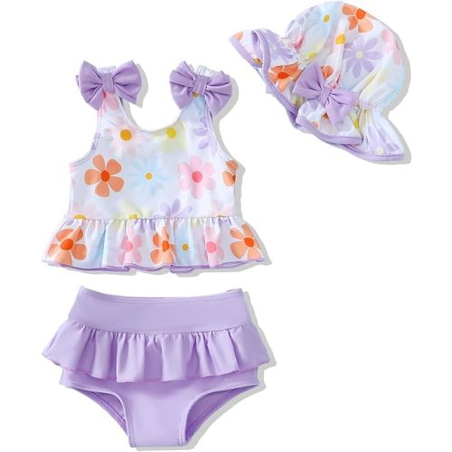 Mioglrie Baby Infant Swimsuit Girl Toddler Bathing Suit Girl Summer Beach Bikini Tankini Swimwear Hat 3-24 Months 2t-5t