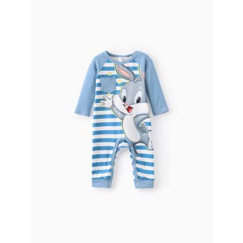 Looney Tunes Baby Girl/Boy 1pc Long-sleeve Striped Jumpsuit Sky blue