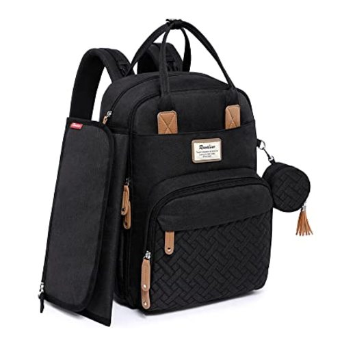 RUVALINO Diaper Bag Backpack, Multifunction Travel Pack Maternity Baby Changing Bags, Large Capacity, Waterproof, Black