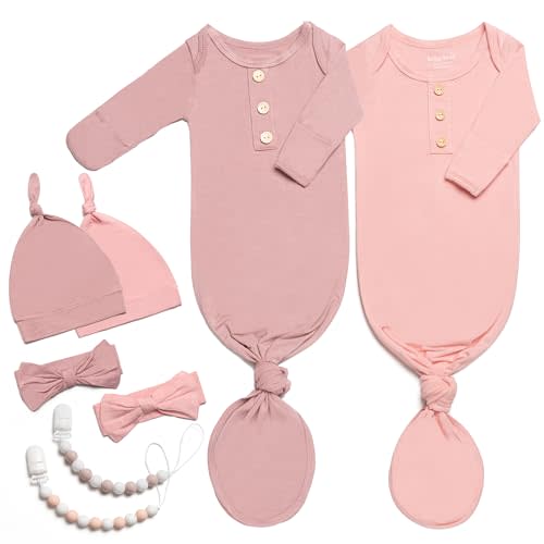 2PK Silky Soft Newborn Knotted Gown, Snuggly Infant Sleeper for Baby Girls, Sleepwear Set with Mittens, Bowknot, Clip and Hat