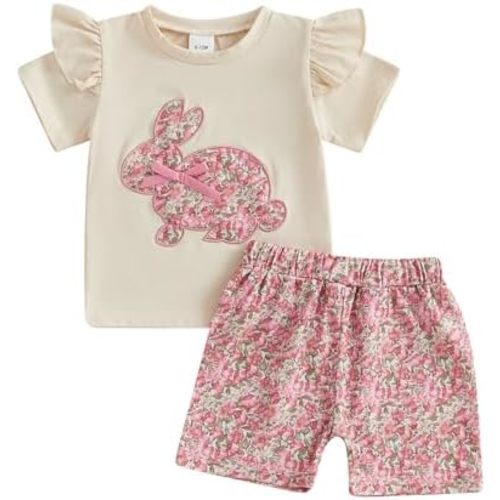BemeyourBBs Toddler Girl Easter Outfit Baby Girl Bunny Short Sleeve T Shirt Floral Shorts Set Cute Spring Clothes