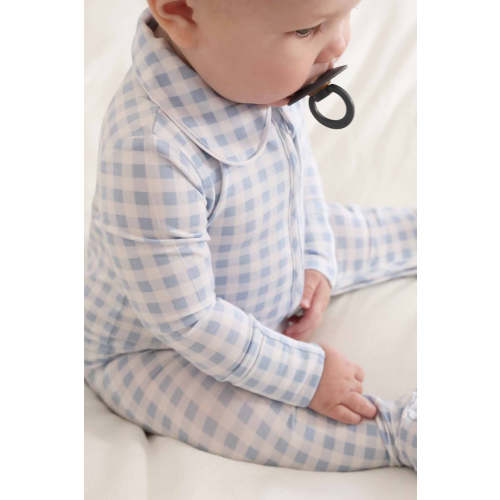 Peter Pan Collar Zipper Footie | Dusty Blue Gingham