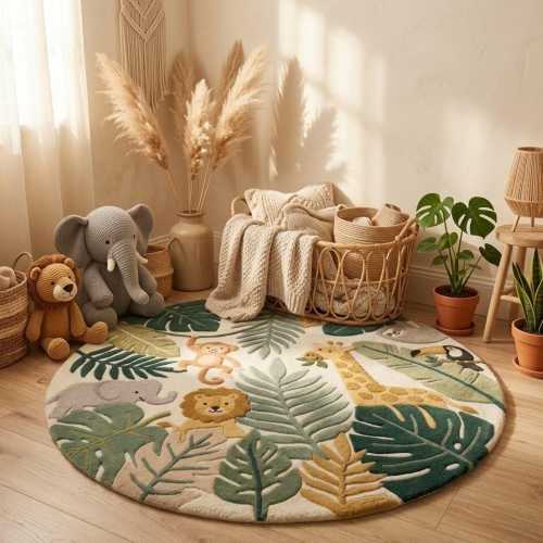 Round Safari Nursery Rug, Hand Tufted Jungle Animal Carpet for Kids Room, Green Leaf Play Mat, 100% Wool Forest Themed Baby Shower Gift Idea