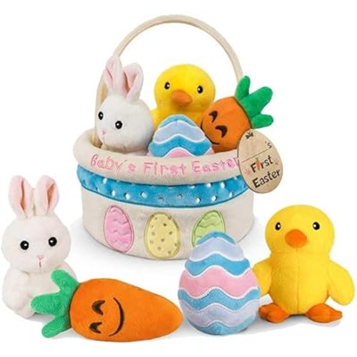 Baby's First Easter Basket Stuffers Playset, 5ct Stuffed Plush Bunny Chick Carrot Egg for Babies Girls Boys Kids Infant Toddler, Personalized Easter Decorations Gifts Party Supplies