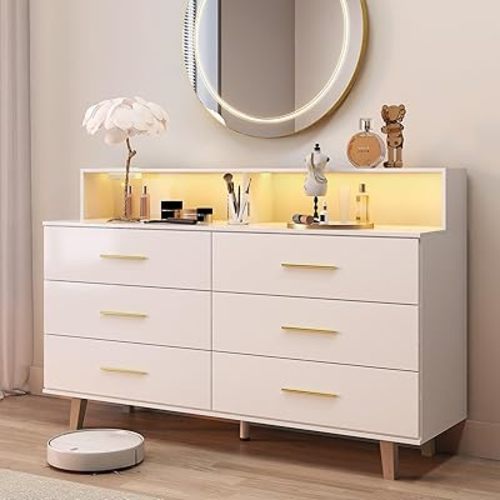 UNIQUITE 6 Drawers Dresser with LED Light and Power Outlet, Wood White Dressers for Bedroom & Chests of Drawers, Large Double Dressers for Bedroom, Entryway, Hallway