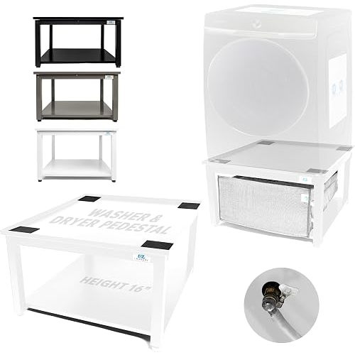 Washer and Dryer Pedestal - 27" W, 16" H, White Steel Universal Fit with Major Brands, Leak-Proof Laundry Pedestal with Drain Pan & Hose, Washer and Dryer Stand for Back Pain Relief, 800 lbs Capacity