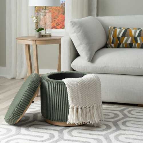 Savoy Corduroy Green Polyester Round Storage Accent Small Ottoman