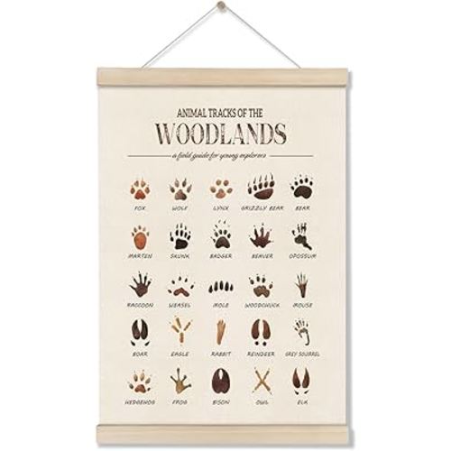 DOI-LANEE Woodland Tracks Poster Hanger Frame, Canvas Artwork Woodland Nursery, Jungle Nursery Decor, Animal Tracks Field Guide Sign, Forest Wall Art, Boy Wall Decor
