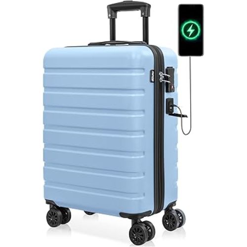 AnyZip Carry On Luggage 21" Hardside PC ABS Lightweight USB Suitcase with Wheels TSA Lock for kids Light Blue