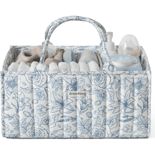 GrowAlong Floral Diaper Caddy Organizer, Cotton Baby Basket, Gift for Baby Shower, Newborn Essentials, Blue Floral
