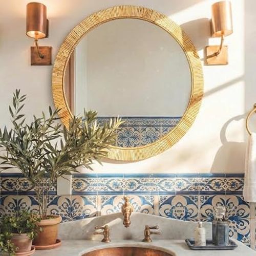 24"x24" inch Rattan Mirrors for Wall, Rustic Farmhouse Style Handmade Wicker Rattan Frame, Boho Wall Mirror for Bedroom, Bathroom, Livingroom, Hallway