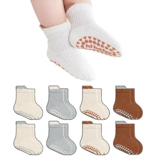 BISOUSOX Toddler Grip Socks 8 Pairs, Baby Boy Girl Non Slip Infants Kids Grippy Cute Dress Socks 0-6 6-12 Months 1-5T