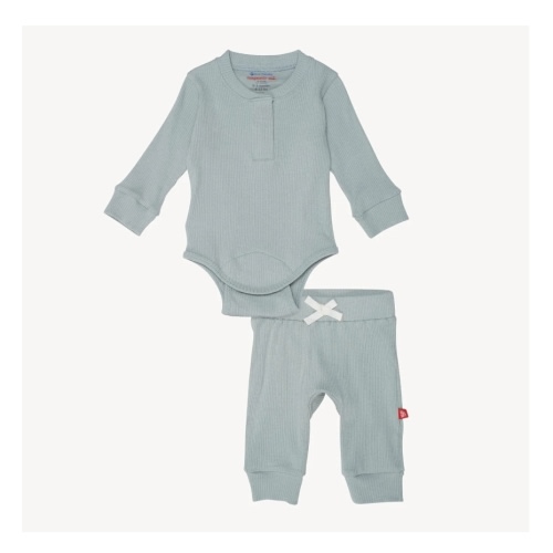 mist ribbed cotton magnetic long sleeve bodysuit + pant set – 0-3M Size, Mist Blue