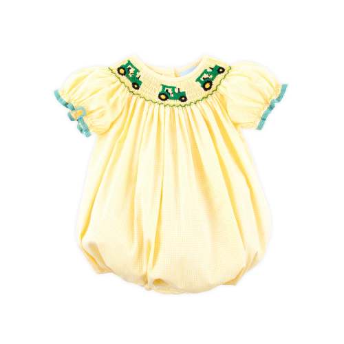 Tractor Smocked Yellow Gingham Bishop Bubble