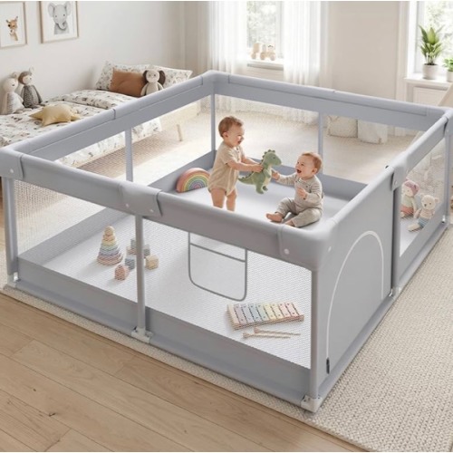 Fodoss Gray Baby Playpen 50×50in, Small Play Pen for Babies and Toddlers, Playpen for Apartment, Play Yard, Activity Fence, Baby Playard with All-Side Mesh, Pull Rings