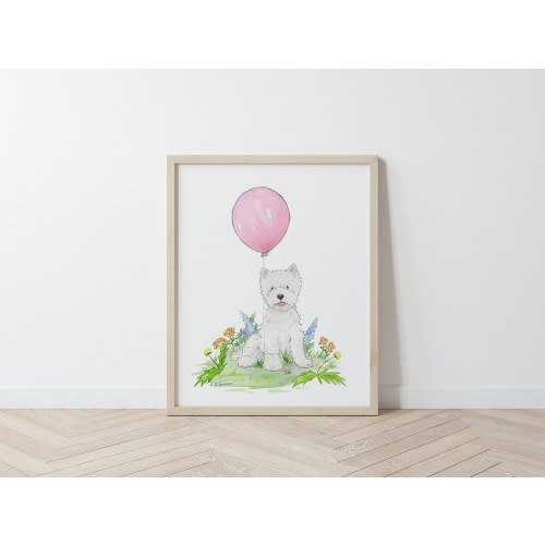 Westie Art, Dog Art, Children's Wall Art, Terrier with Pink Balloon, West Highland White, Baby Girl Nursery, Pink Nursery, Children's Art